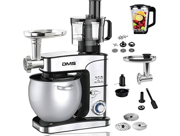DMS® 5in1 Edelstahl Küchenmaschine Rührmaschine 10 Liter Knetmaschine Edelstahlschüssel Spritzschutz Multi zerkleinerer Zitrusspresse Fleischwolf Standmixer 6-stufige 2500 Watt (10 Liter)
