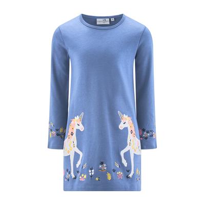 Jerseykleid HAPPY GIRLS, Mädchen, Gr. 98, N-Gr, blau (jeans blau), Jersey, Obermaterial: 100% Baumwolle, bedruckt, kurz, Rundhals, Kleider Jerseykleid, Baumwolle