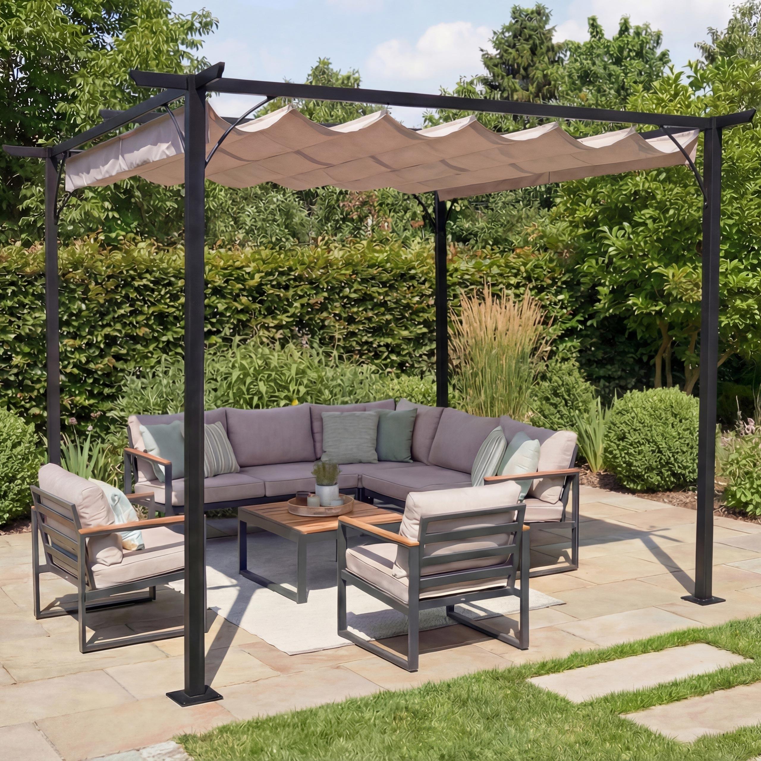 Pergola HWC-C42, Garten Pavillon, stabiles 6cm-Gestell + Schiebedach 3,5x3,5m creme