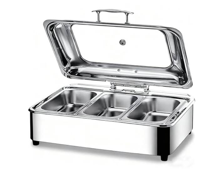 Chafing Dish Elektrisch, 9L Edelstahl Warmhaltebehälter Essen Elektrisch Speisewärmer Elektrisch Buffetwärmer mit Glasdeckel für Party und Restaurants, Temperatur Regelbar (0-85°)
