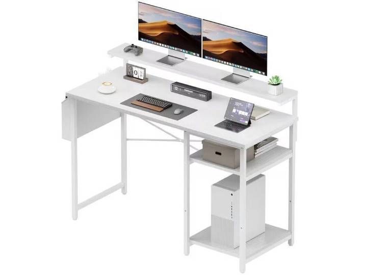 Bureau Petit Espace aver LED 120 x 48 cm Petit Bureau Ordinateur avec Support de Moniteur Étagères et Sac de Rangement Blanc