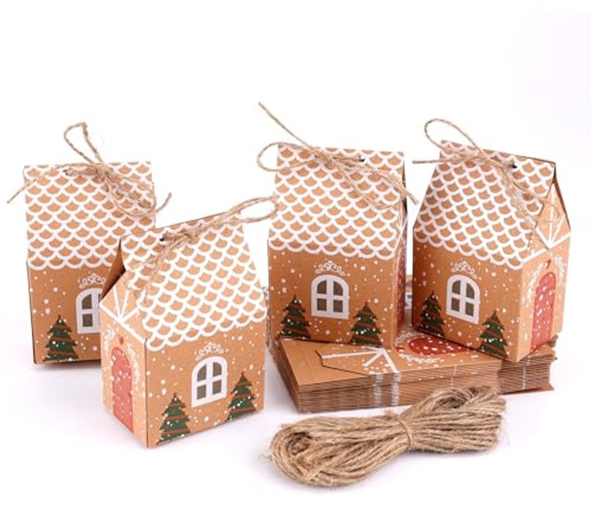 24 stuks Mini-kerstgeschenkdozen met kersthuisjes en touw, Kerstboom design