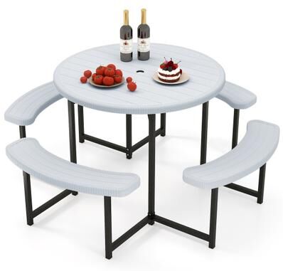 Costway Round Picnic Table Bench Set with 4 Benches and Umbrella Hole for Patio Lawn-White