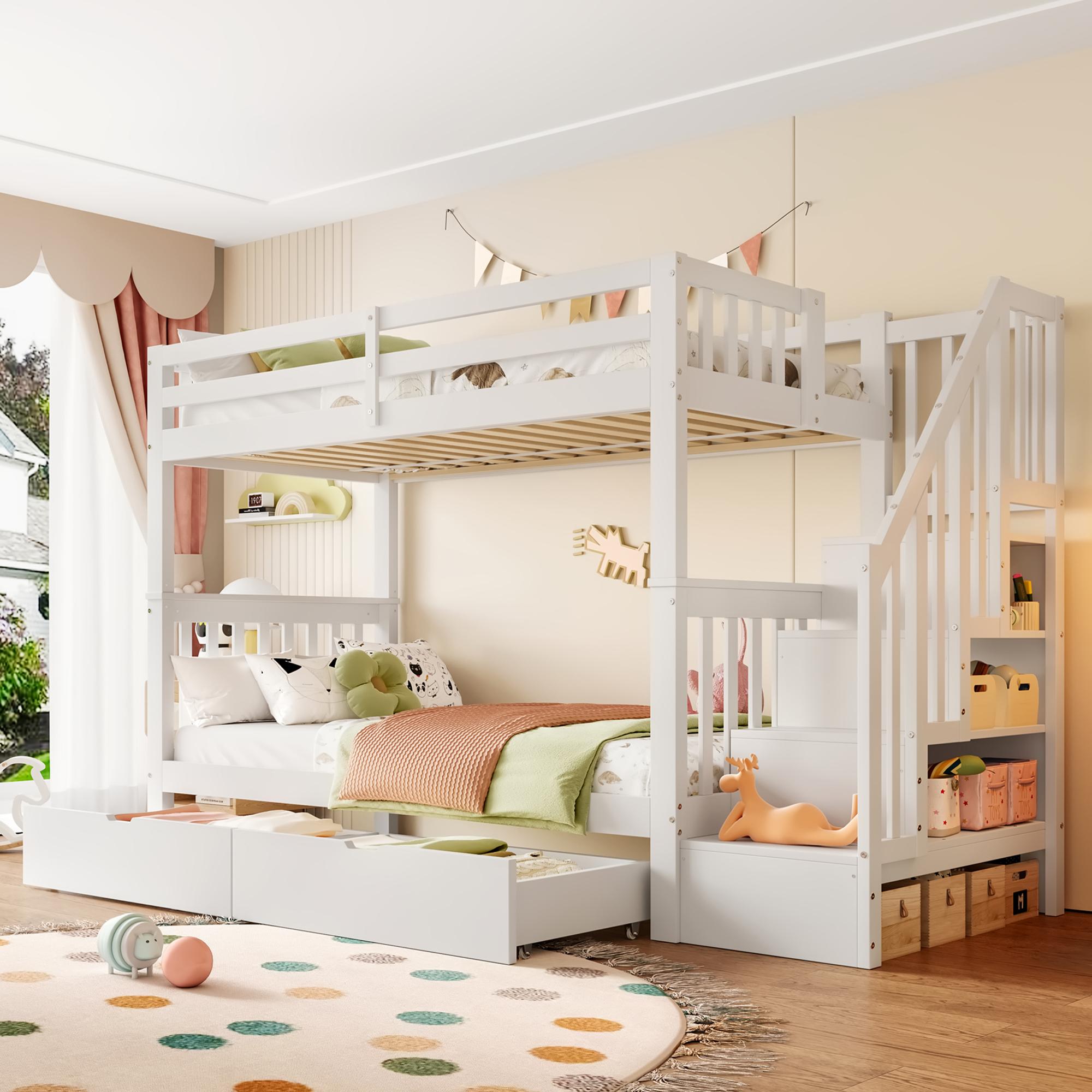 okwish Etagenbett Hochbett 90x200 cm mit Rausfallschutz, Kinderbett Stockbett mit Schublade und 2x Lattenrost(Ohne Matratze)- Weiß