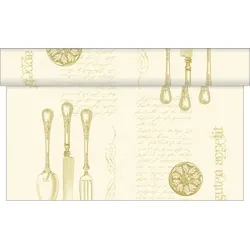 Sovie HORECA Tischläufer Elisabeth in Gold-Champagner aus Linclass® Airlaid 40 cm x 24 m, 1 Stück - Besteck Edle Schrift