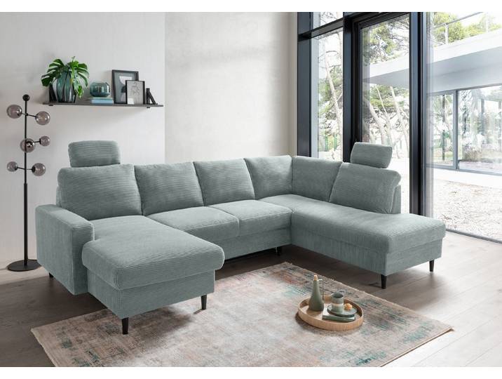 freiraum Wohnlandschaft Pris, U-Form, Funktionen, cord aqua - 153x305x75x200 (LxBxHxT)