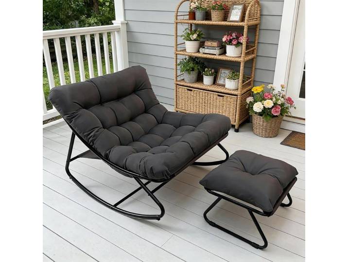 FUOIDYE Fauteuil à Bascule Œuf avec Repose-Pieds Gris Coussin Imperméable Support 150kg pour Salon et Jardin