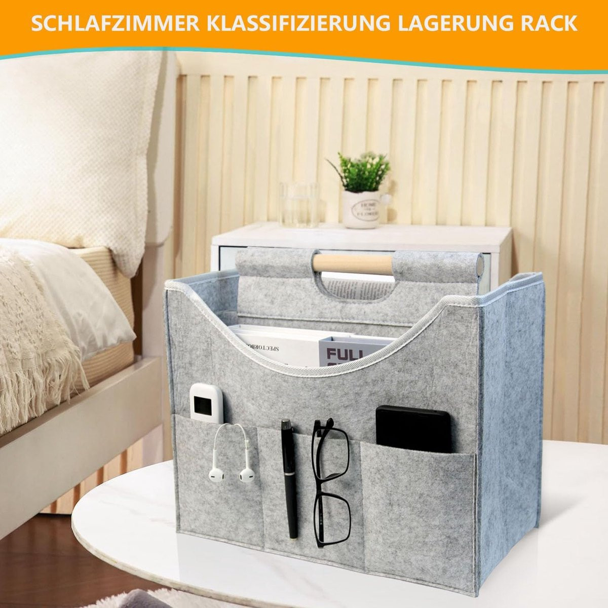 SnelShoppen Filz Krantenmand met Houten Handgreep - Moderne Tijdschriftenhouder voor Thuis en Kantoor