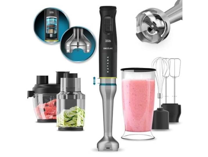 Cecotec Stabmixer Katana TotalDestroy 1500XL DoubleKatana. 1500 W, Doppelklingensystem, 21 Geschwindigkeiten und Turbo, 4 Klingen mit schwarzem Titan, Spritzschutzhaube, 800 ml Glas.