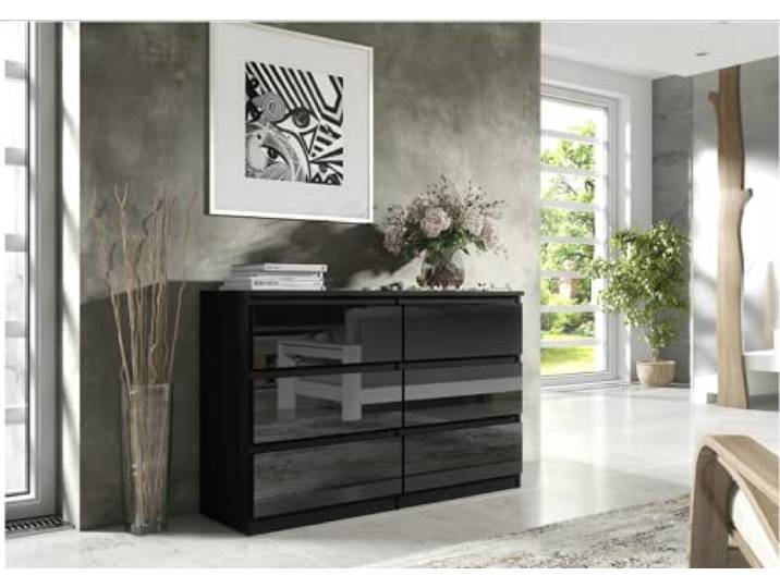 3xE Living Kommode 140 cm, 6 Schubladen, Schwarz/Schwarz Glanz, 140 x 39 x 78 cm