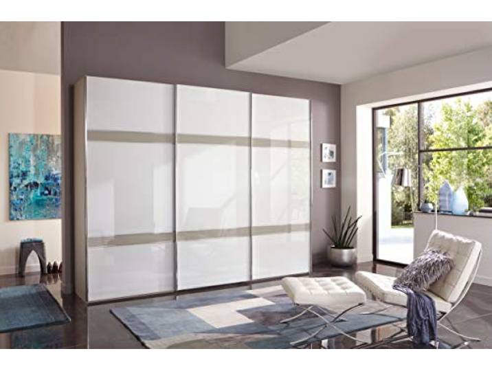WIEMANN Rialto Kleiderschrank, Schwebetürenschrank, Schlafzimmerschrank, mit Schiebetüren, Breite 250 cm, Kieselgrau, Glas weiß, Holz, B/H/T 250x236x67 cm