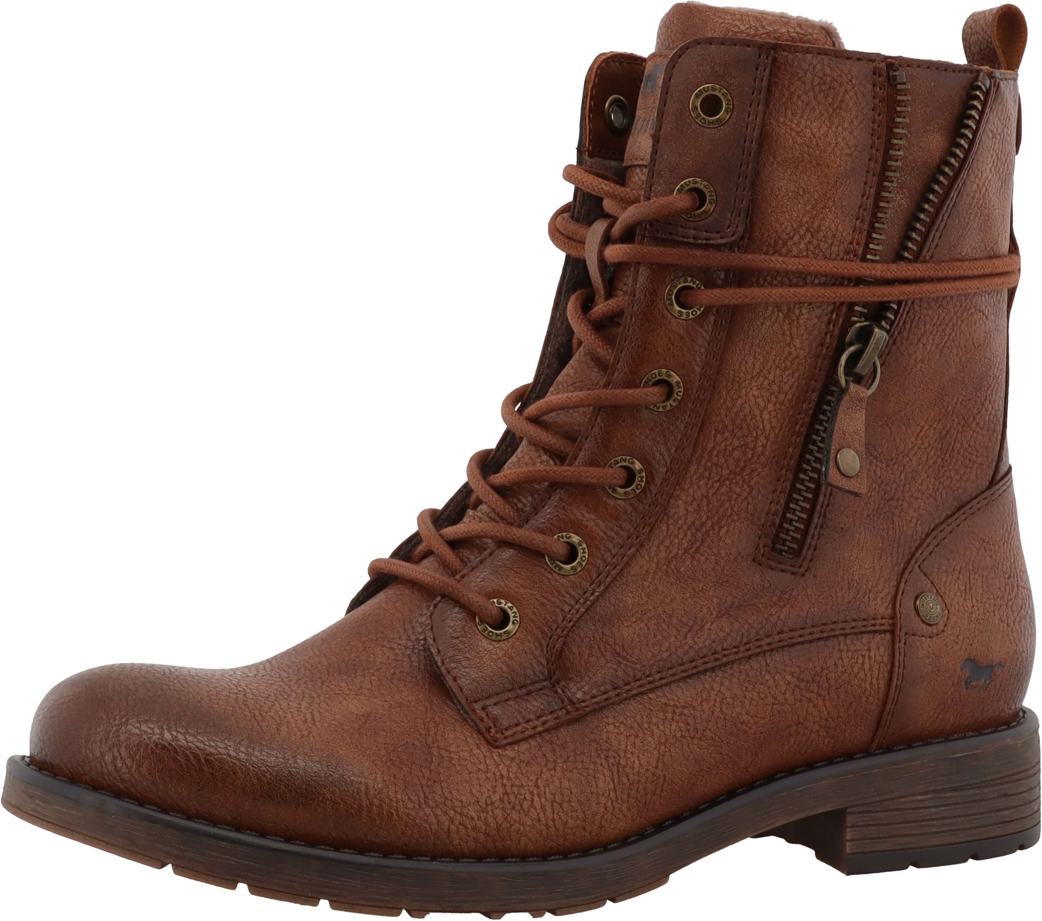 Winterstiefelette MUSTANG SHOES "Elfi", Damen, Gr. 37, wärmend, braun (cognac), Lederimitat, used, Schuhe Winterstiefelette, Winterstiefel mit Reißverschluss und markanter Schnürung