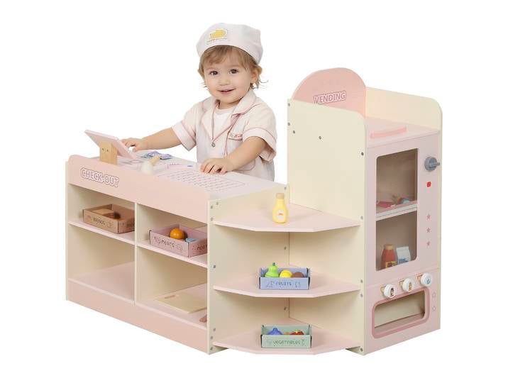 Supermarché jouet en bois Aiyaplay avec distributeur automatique caisse enregistreuse 3 étagères ouvertes 4 compartiments rose