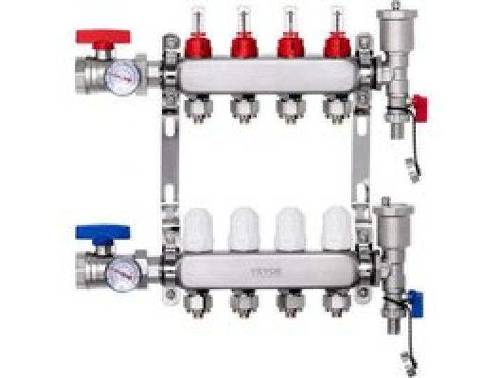 VEVOR 4-Zweig-Wärmeverteilungsverteiler, 1/2-Zoll-PEX-Rohrverteiler, Edelstahl-PEX-Verteiler für hydronische Fußbodenheizung, Wärmeverteilungs-PEX-Verteilersatz mit 1/2-Zoll-Adaptern im Lieferumfang enthalten