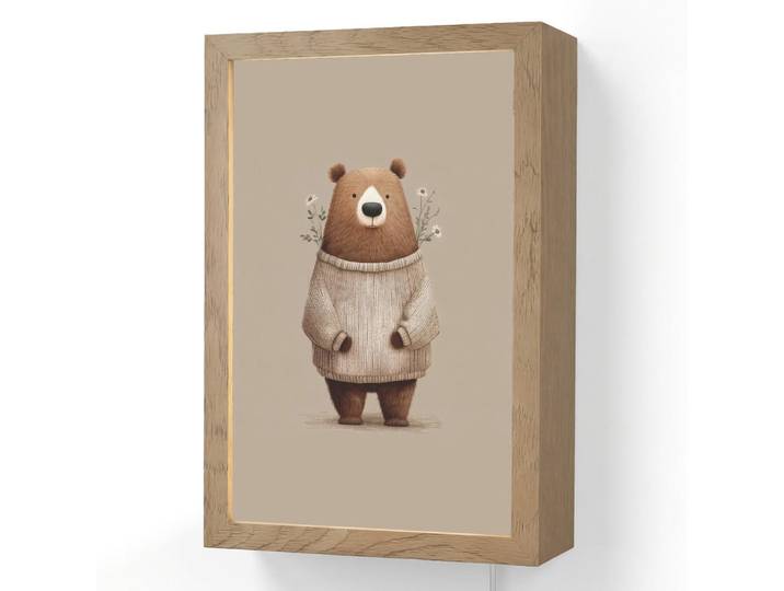 OnlyWow Wandleuchte - Bär - Weiße Blumen - Gemütlich - 20x30 cm, Taupe, Holzwerkstoff, Rechteckig, LED integriert, 20x30x8 cm, Lampen & Leuchten, Innenbeleuchtung, Wandlampe