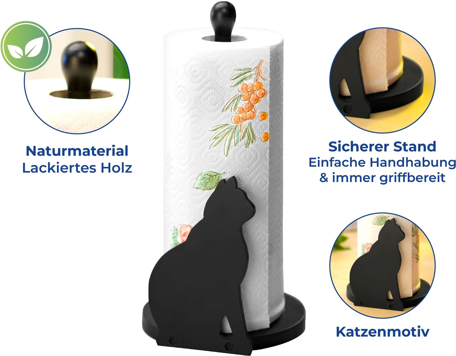 Küchenrollenhalter MAXIMEX "Modell Katze", schwarz, H:30cm Ø:15cm, Massivholz, Küchenrollenhalter, Küchenrollenhalter, Papierrollenhalter, stehend, für alle handelsüblichen Küchenrollen