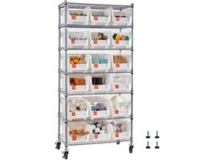 VEVOR Standregal, Lagerregal mit 7 Ebenen & 18 Stapelboxen, Bücherregal, Küchenregal mit Rollen, Werkzeugaufbewahrung für Garage, Lager, Büro, Restaurant, Klassenzimmer, Küche, 690x355x1490 mm