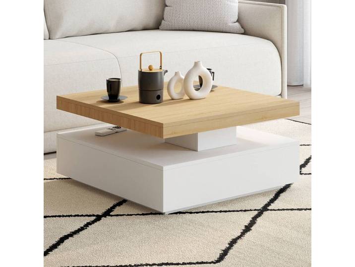 Table basse carrée pivotante THEA 70 cm bois et blanc