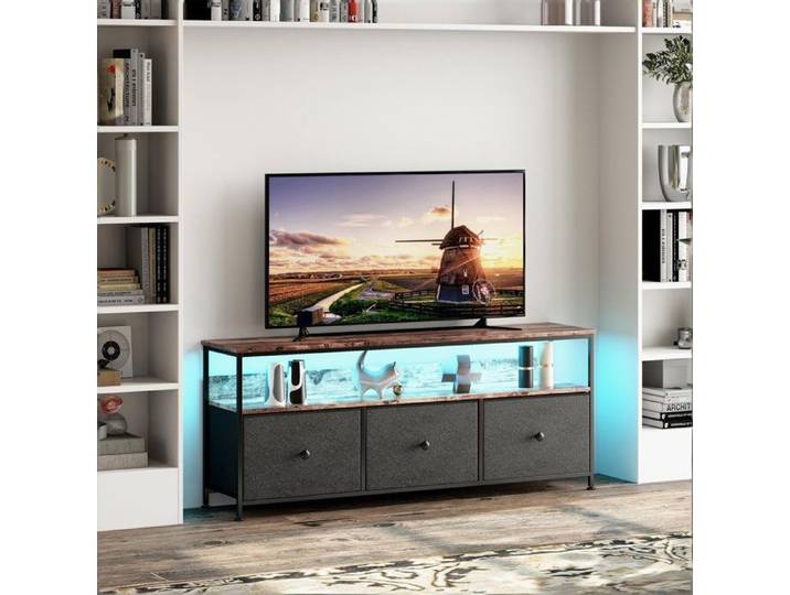 Meuble TV Meuble TV LED Meuble TV haut 3 Tiroirs de rangement pratique avec LED 137×30×57 cm panneau de particules et acier Noir