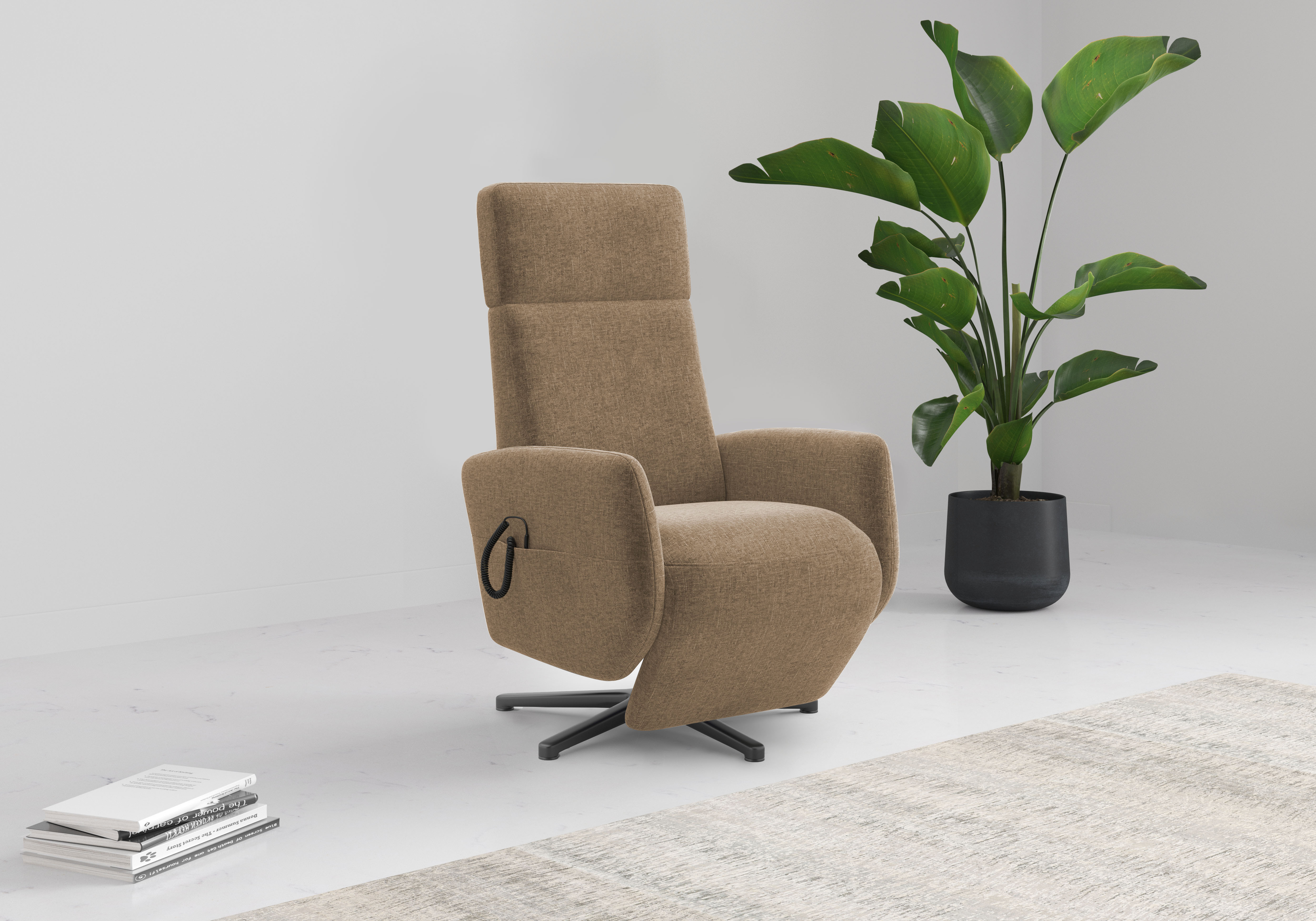 TV-Sessel GOODPRODUCT "Rochelle, inkl. Kopfteilverstellung & 360 Drehfunktion", braun (hellbraun), B:71cm H:110cm T:82cm, 100% Polyester, Sessel, TV-Sessel, wahlweise mit 2 Motoren, Akku & Aufstehhilfe hellbraun Flachgewebe, Relaxfunktionmit 2 Motoren,mit