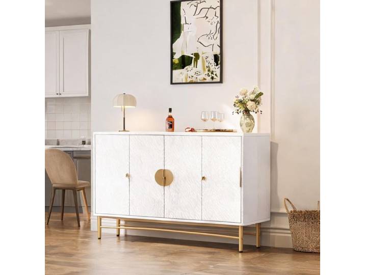 Buffet 4 portes blanc texturé 160 cm poignées dorées brossées et pieds brillants style luxe discret
