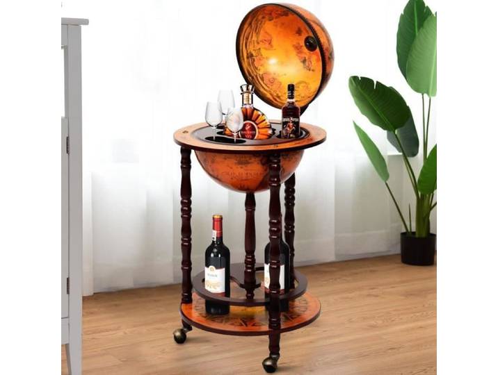 Bar Globe Vintage - Décoration Salon - Porte-Bouteilles - Bois Massif - 3 Roulettes - Élégant
