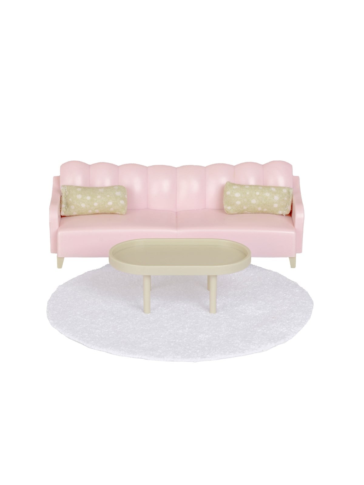 Micki Lundby Wohnzimmer-Set mit pinkem Sofa, Tisch, Teppich und Kissen.
