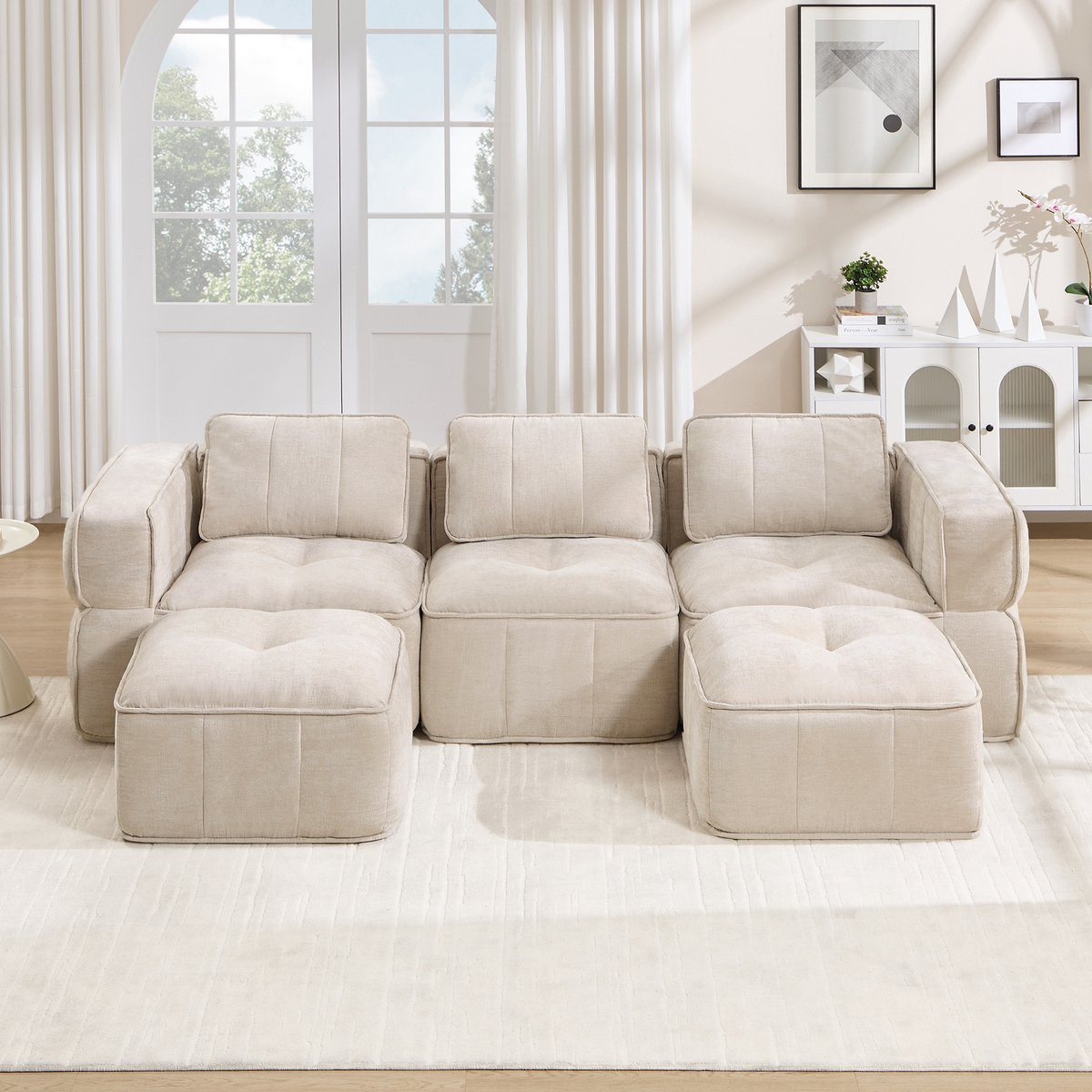 Pugsdrly 3-zits U-vormige modulaire bank met 2 poefs, beige