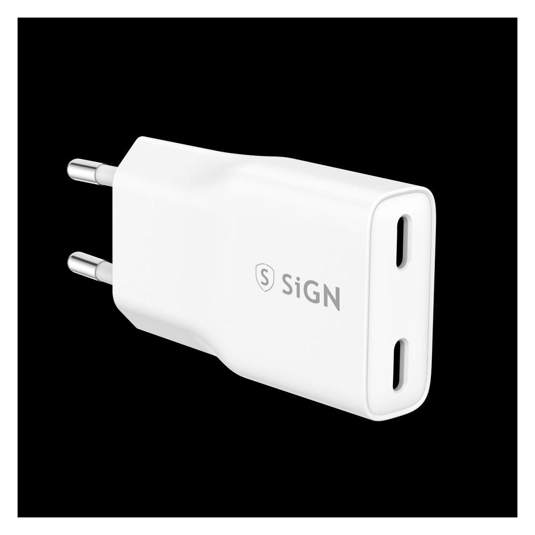 SIGN GaN Fast Charger 2x USB-C, PD & QC3.0, 3A, 20W - White (20 W, 2 Ports) (SN-GAN20WCC)