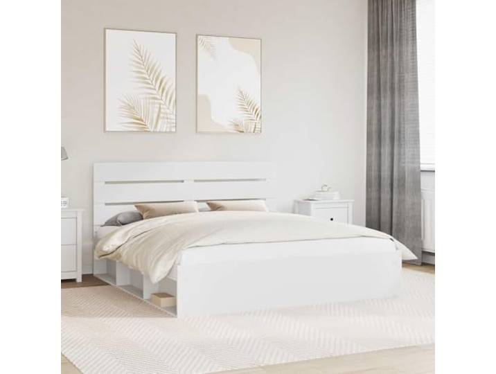 RJPLMFV Bettgestell, Weiß, 200 x 200 cm, massives Kiefernholz Kopfteil aus massivem Kiefernholz, feste Lattenstruktur, modernes minimalistisches Design, einfache Pflege