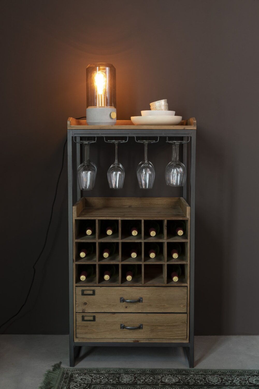 Mathi Design Meuble bar vintage en bois et métal Beige 56x113x38cm