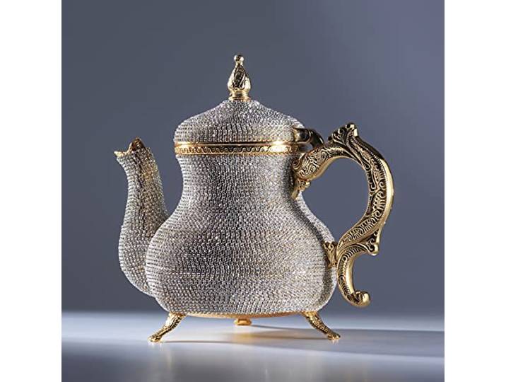 DEMMEX Handgefertigter, atemberaubender türkisch-marokkanischer arabischer dekorativer goldfarbener Teekessel mit Kristall-Strasssteinen, 1,2 kg, 20,3 x 17,8 cm
