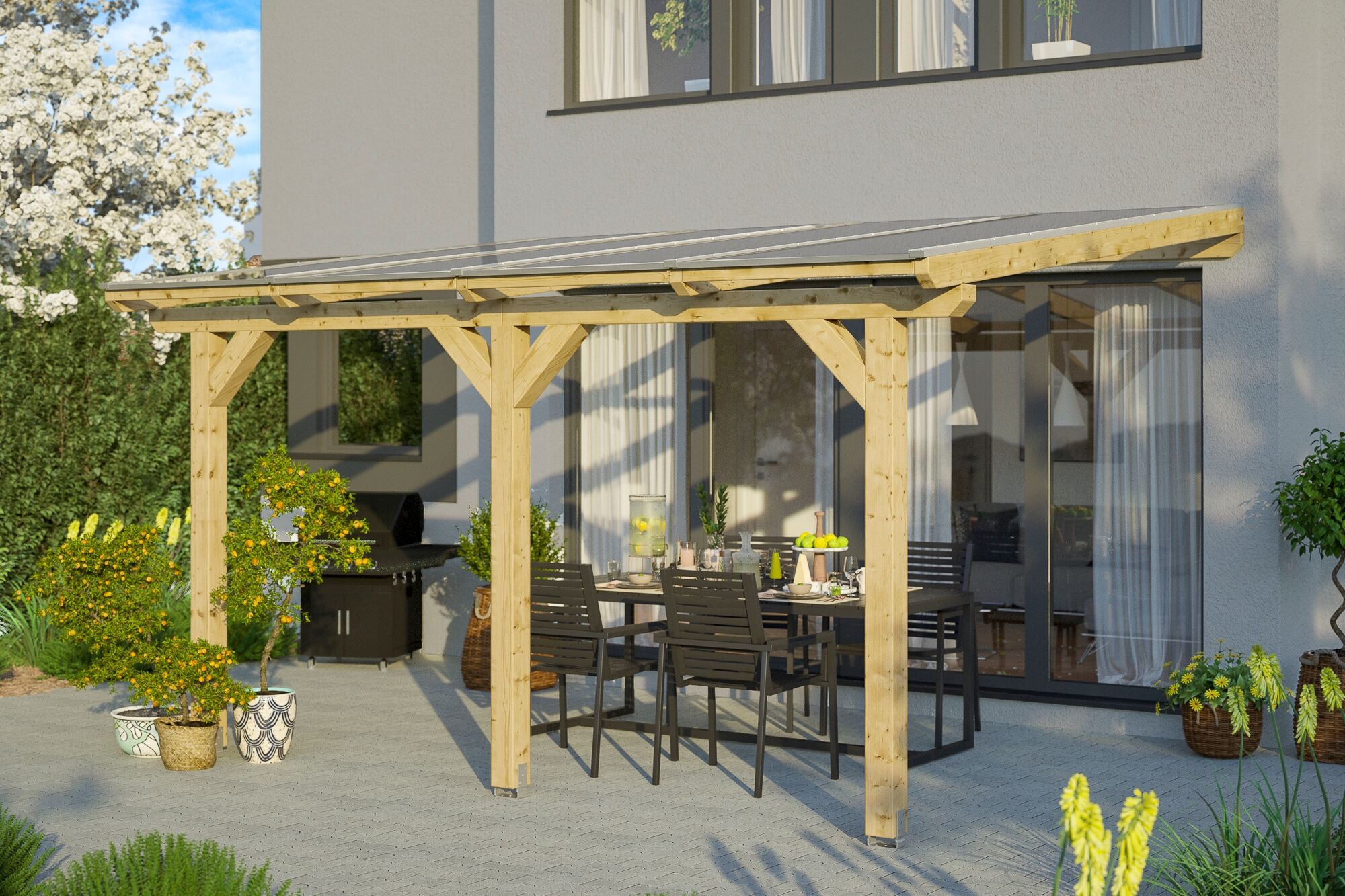 Terrassendach SKANHOLZ "Bormio", beige (natur), B:434cm T:350cm, Polycarbonat (PC), Terrassenüberdachungen