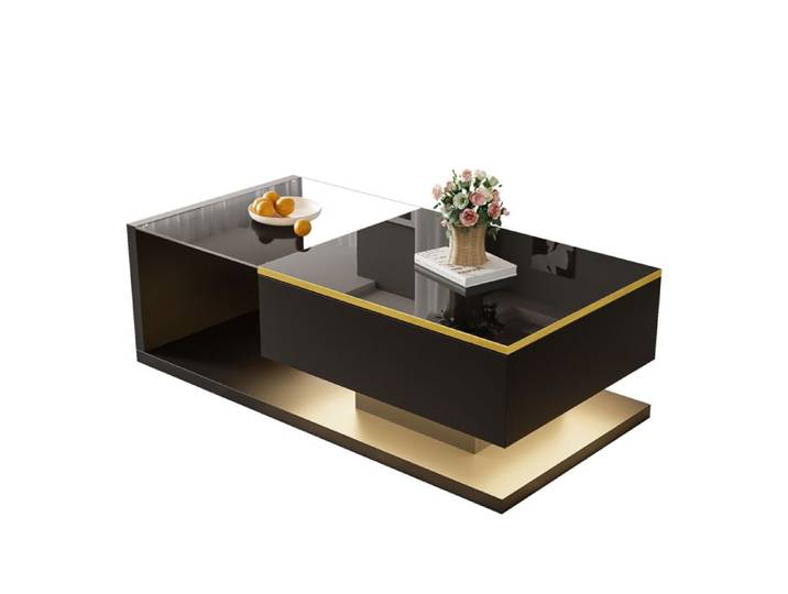 Table basse de 100 cm de long noir brillant + Verre table basse. Tables d'appoint tables basses avec verre et effet LED