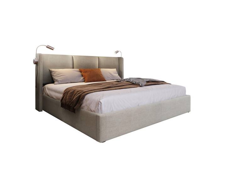 Redom Polsterbett 160/200 cm mit hydraulischem Bettkasten, Leselicht & Usb, Beige, 160x200 cm, Schlafzimmer, Betten, Polsterbetten