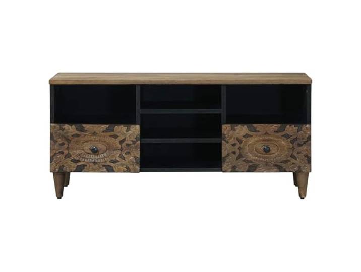 KTHLBRH TV-Schrank braun 100 x 33,5 x 46 cm Mangoholz massiv 2 Schubladen 1 Regal Metallrahmen Einfache Reinigung Wohnzimmer