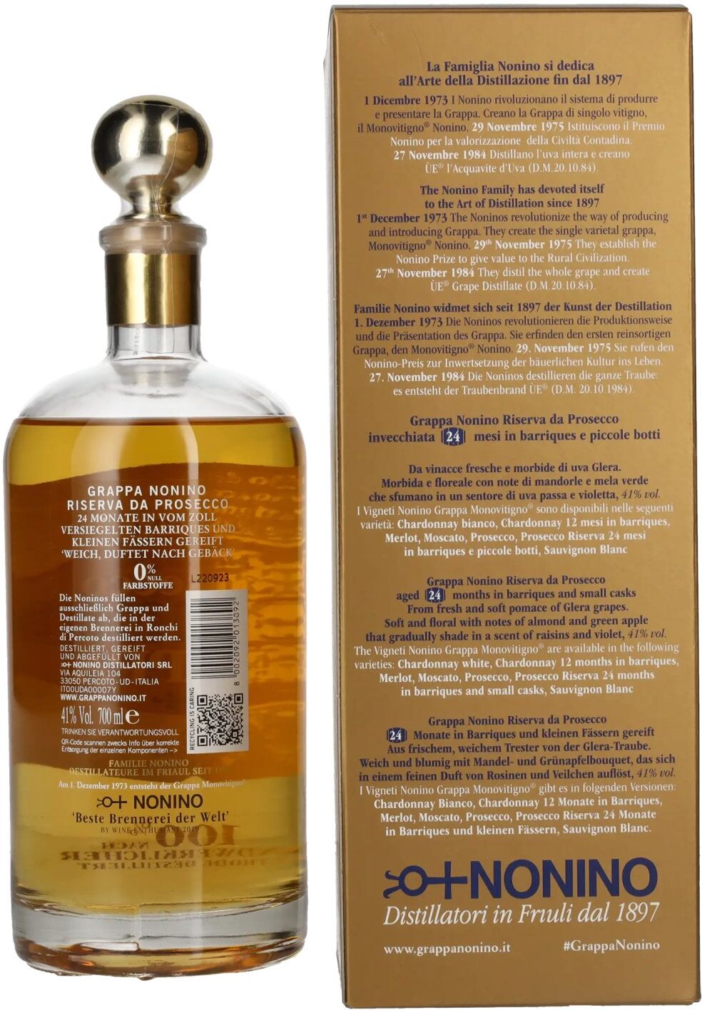 Nonino Grappa Monovitigno il Prosecco in Barriques 41% Vol. 0,7l in Geschenkbox