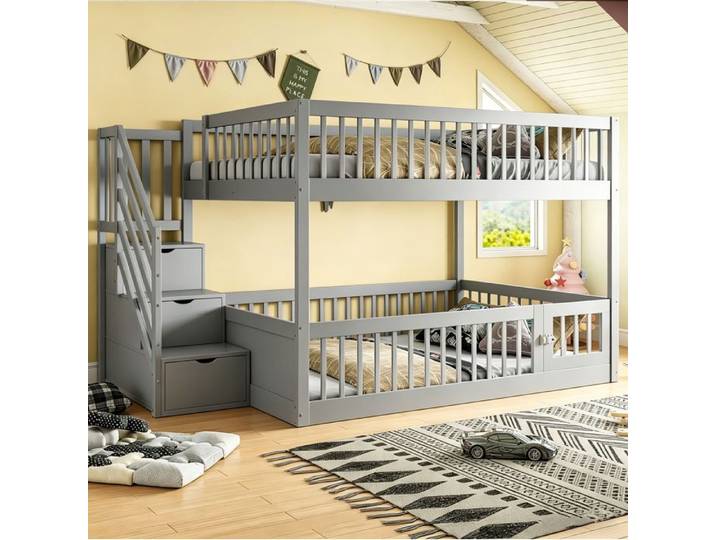 Lit superposé enfant - Dimensions 140x200 cm - Escalier avec tiroirs intégrés - Barrière de sécurité continue
