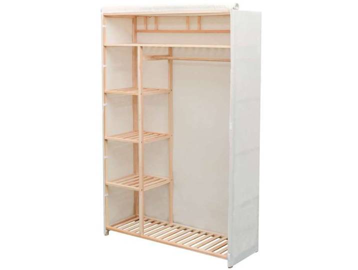 Garde-robe en tissu et bois - - 110x40x170 cm - Blanc - 5 étagères - Barre de suspension - Housse anti-poussière