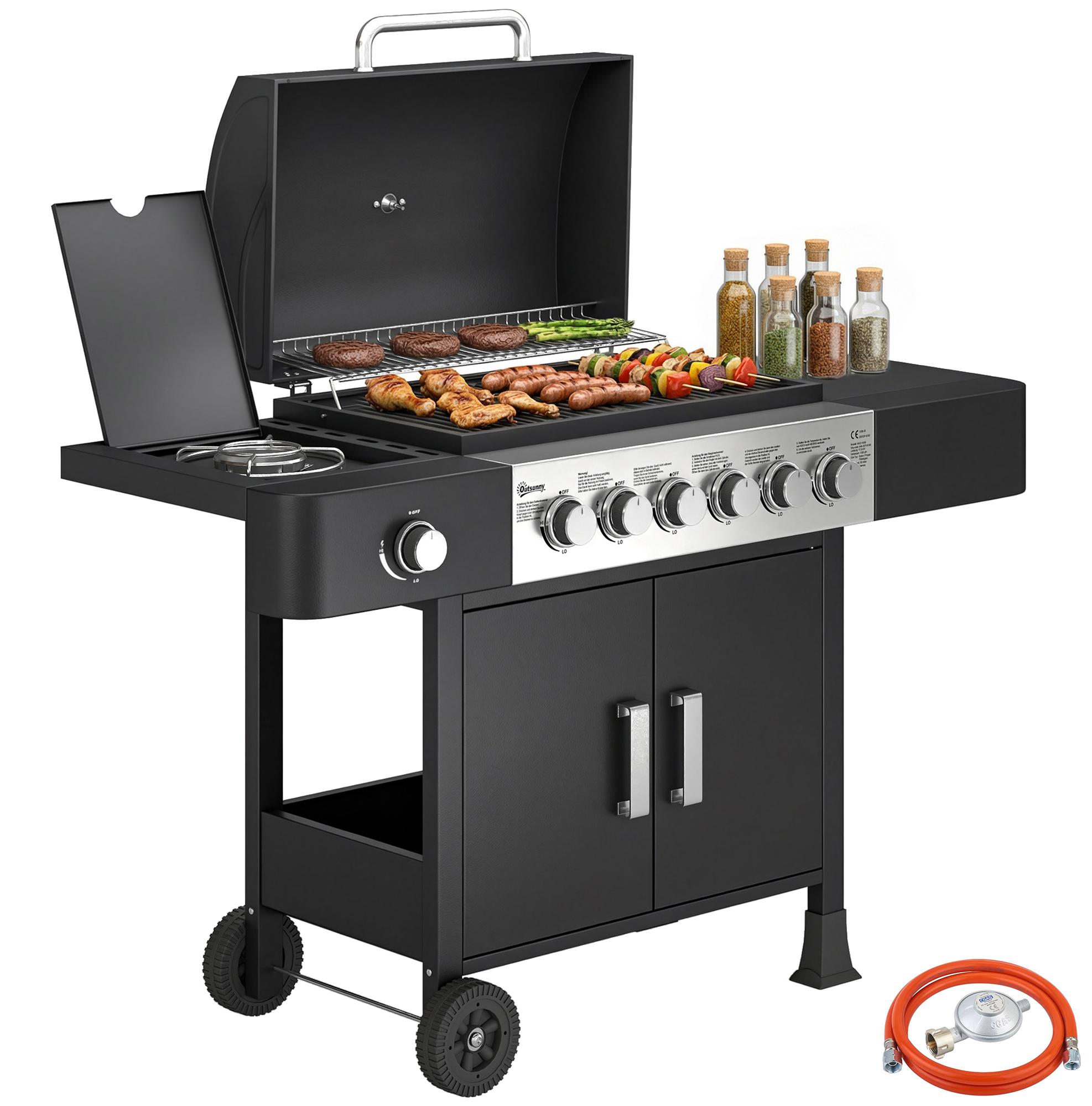 Gasgrill 17,8 KW 6+1 Brenner BBQ Grillwagen aus Edelstahl inkl Rolle Seitenbrenner Thermometer Emaille-Grillrost,