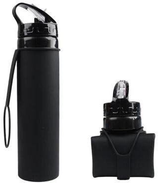 Inspired Living 600ml Foldable Silicone Water Bottle Leak Proof, Lightweight Collapsible Water Bottle For Hiking, Camping & Travel black