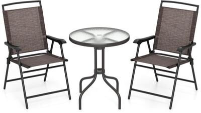 Costway 3 Pieces Patio Round Table and Folding Chairs Set with Rippled Tempered Glass Tabletop