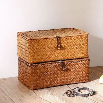 Market Central Handmade Straw Woven Storage Basket Vintage Desktop Organizer For Bathroom And Home Handmade Straw Woven Storage Basket Vintage Desktop Organizer For Bathroom And Home