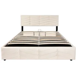 MODFU Polsterbett Samt Beige 140x200 cm mit Lattenrost und höhenverstellbarem Kopfteil