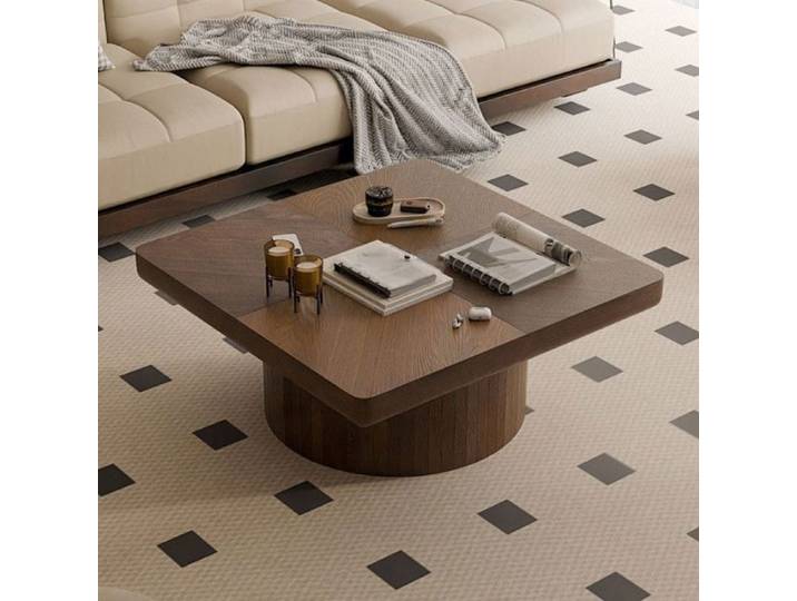 Table basse design sophistiqué base cylindrique incrustation bois structure stable assemblage simple mobilier salon hau TABLE BASSE