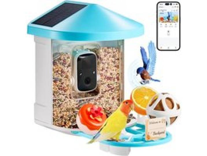 VEVOR Intelligenter Vogelfutterspender mit Kamera, 2K HD KI identifiziert über 10.000 Vogelarten, solarbetriebene Vogelbeobachtungskamera mit automatischer Aufnahme und sofortiger Benachrichtigung, kabelloses Outdoor-Geschenk für Vogelliebhaber (3 Solarmodule)