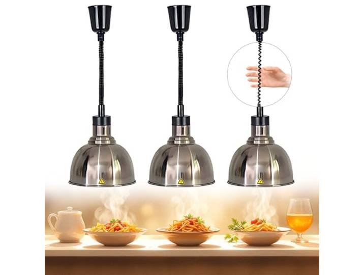 BOVDC Wärmelampe Küche Gastro, 250W Hängende(Edelstahl-25cm,3 Stück) Speisenwärmer Lampe 19/25 cm, Einstellbare Höhe Lebensmittel Wärmelampe Küche für Essen Buffets Esszimmer und Hotels