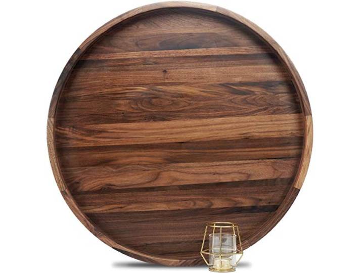 MAGIGO Extra großes rundes Tablett aus schwarzem Walnussholz, 61 cm, mit Griffen, zum Servieren von Tee, Kaffee oder Frühstück im Bett, klassisches rundes dekoratives Serviertablett aus Holz