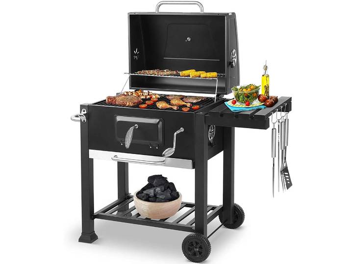 5 ~ 10 personnes Barbecue Camping charbon de bois Barbecue poêle 2 roues Configuration luxueuse jardin familial extérieur maison Barbecue gril
