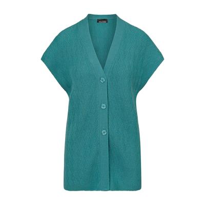 Strickjacke GOLDNER "Strickweste mit Rautenmuster", Damen, Gr. 50, blau (türkis), Obermaterial: 70% Polyacryl PAN. 30% Schurwolle WV., figurumspielend, V-Ausschnitt, Rippbündchen, Strickjacken Strickjacke, seitliche Schlitzer